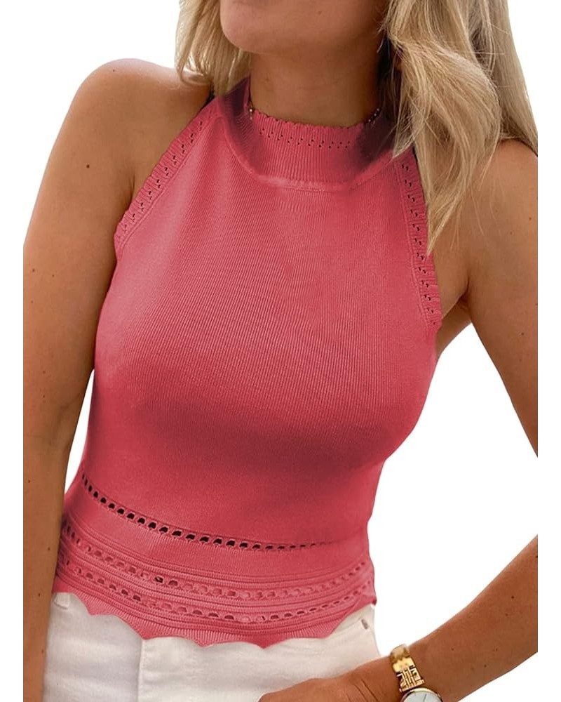 Womens Tank Tops Summer Ribbed Knit Racerback High Neck Halter Crop Tops Blouses Sleeveless Slim Basic Cami Shirts Rose Red $...