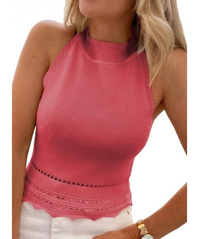 Womens Tank Tops Summer Ribbed Knit Racerback High Neck Halter Crop Tops Blouses Sleeveless Slim Basic Cami Shirts Rose Red $...