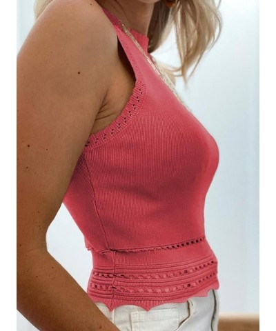 Womens Tank Tops Summer Ribbed Knit Racerback High Neck Halter Crop Tops Blouses Sleeveless Slim Basic Cami Shirts Rose Red $...