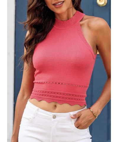 Womens Tank Tops Summer Ribbed Knit Racerback High Neck Halter Crop Tops Blouses Sleeveless Slim Basic Cami Shirts Rose Red $...