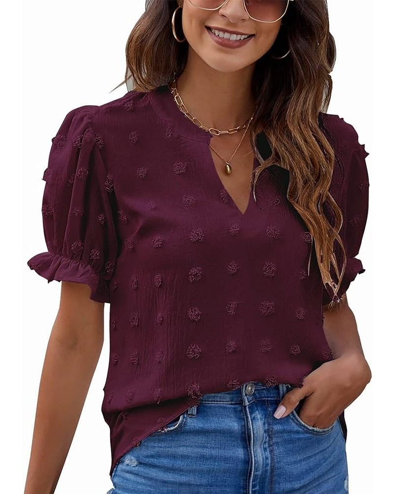 Womens Puff Sleeve Summer Tops Chiffon Short Sleeve Blouses White V Neck Pom Pom Shirts Dark Wine Red $14.62 Blouses