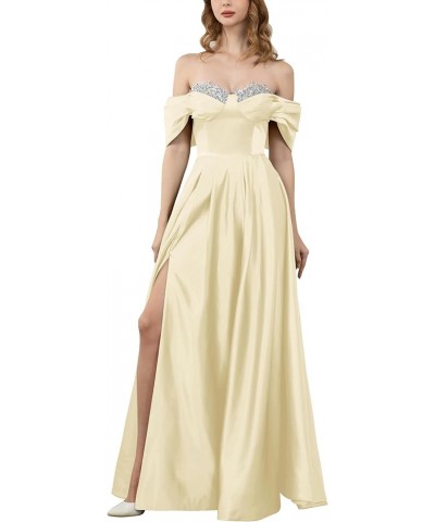 Off Shoulder Satin Prom Dresses for Women 2024 Long Beaded with Slit Formal Evening Gowns with Pockets Champagne $28.60 Dresses