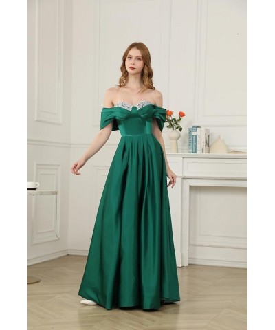 Off Shoulder Satin Prom Dresses for Women 2024 Long Beaded with Slit Formal Evening Gowns with Pockets Champagne $28.60 Dresses