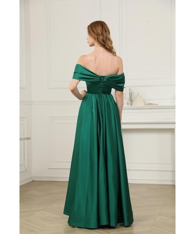 Off Shoulder Satin Prom Dresses for Women 2024 Long Beaded with Slit Formal Evening Gowns with Pockets Champagne $28.60 Dresses