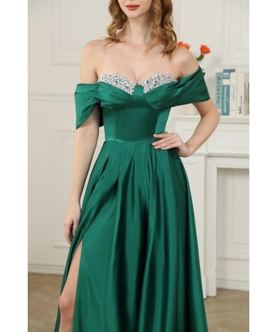 Off Shoulder Satin Prom Dresses for Women 2024 Long Beaded with Slit Formal Evening Gowns with Pockets Champagne $28.60 Dresses