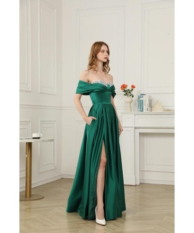 Off Shoulder Satin Prom Dresses for Women 2024 Long Beaded with Slit Formal Evening Gowns with Pockets Champagne $28.60 Dresses