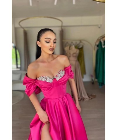 Off Shoulder Satin Prom Dresses for Women 2024 Long Beaded with Slit Formal Evening Gowns with Pockets Champagne $28.60 Dresses