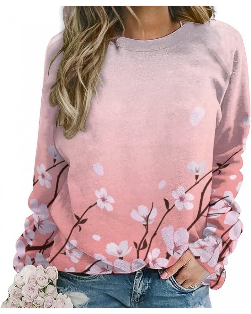 Womens Cherry Blossom Sweatshirt Casual Long Sleeve Pink Cherry Blossom Printed Graphic Fall Oversized Pullover Top Cherry Bl...