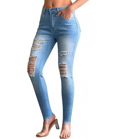 Women's Perforated Boyfriend Jeans Stretch Distressed Jeans Button Jeans Ripped Flare Fitted Denim Pants Size 4-18 A-light Bl...