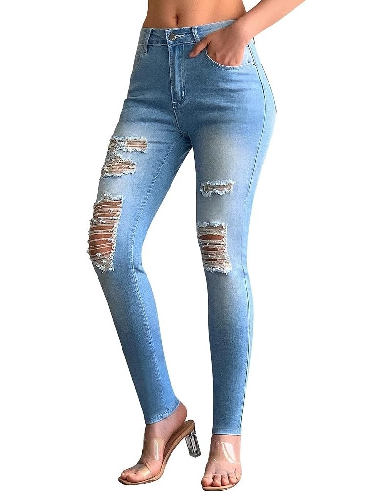 Women's Perforated Boyfriend Jeans Stretch Distressed Jeans Button Jeans Ripped Flare Fitted Denim Pants Size 4-18 A-light Bl...