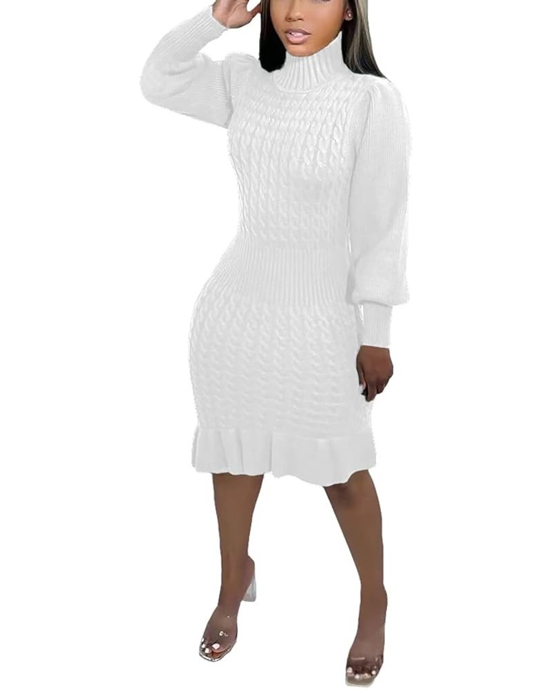 Sweater Dress for Women Cable Knit High Neck Ruffle Trim Hem Long Sleeve High Waist Knee Length Casual Dress White $14.40 Dre...