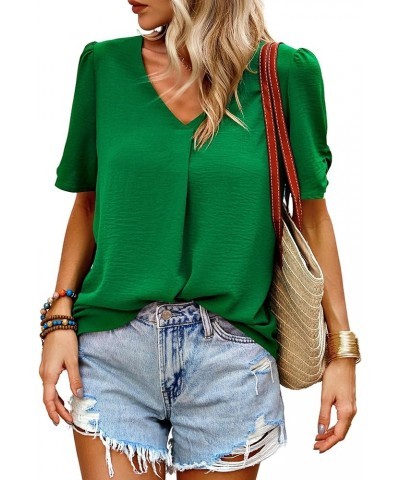 Women Short Sleeve Tops: V Neck Casual Work Blouses 2024 Spring Dressy Loose Shirt Cute Solid Color Pleated Tunic Green $15.4...