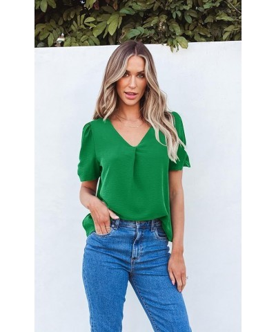 Women Short Sleeve Tops: V Neck Casual Work Blouses 2024 Spring Dressy Loose Shirt Cute Solid Color Pleated Tunic Green $15.4...