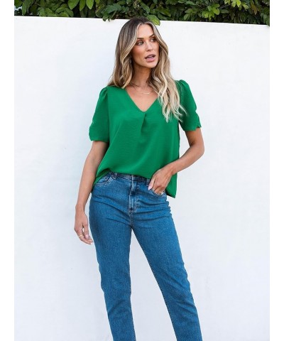 Women Short Sleeve Tops: V Neck Casual Work Blouses 2024 Spring Dressy Loose Shirt Cute Solid Color Pleated Tunic Green $15.4...