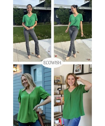 Women Short Sleeve Tops: V Neck Casual Work Blouses 2024 Spring Dressy Loose Shirt Cute Solid Color Pleated Tunic Green $15.4...