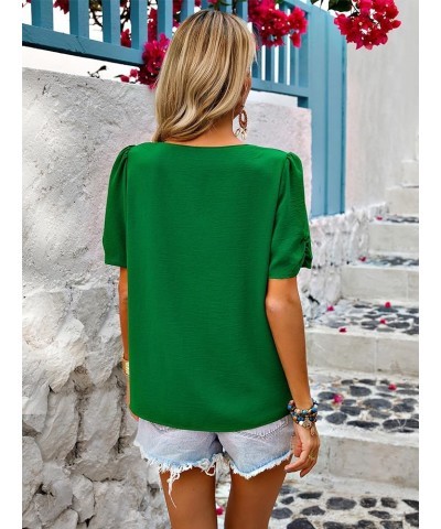 Women Short Sleeve Tops: V Neck Casual Work Blouses 2024 Spring Dressy Loose Shirt Cute Solid Color Pleated Tunic Green $15.4...