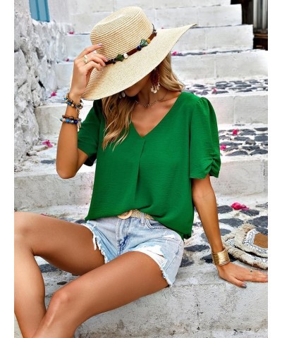 Women Short Sleeve Tops: V Neck Casual Work Blouses 2024 Spring Dressy Loose Shirt Cute Solid Color Pleated Tunic Green $15.4...