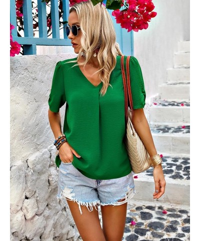 Women Short Sleeve Tops: V Neck Casual Work Blouses 2024 Spring Dressy Loose Shirt Cute Solid Color Pleated Tunic Green $15.4...