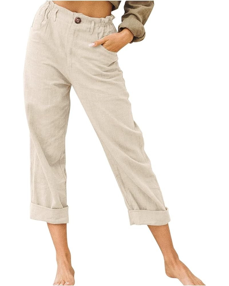 Linen Pants for Women High Waist Pants Button Up Straight Leg Cropped Pants Elastic Waist Casual Pants Trousers A1-beige $8.3...