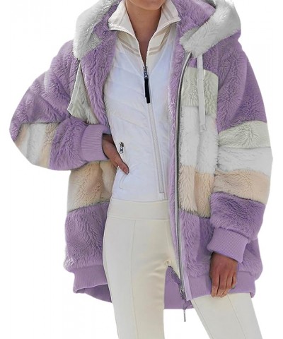 Womens Contrasting Lamb Wool Padded Coat, Winter Windproof Fuzzy Fleece Jacket Hooded Purple $20.57 Jackets