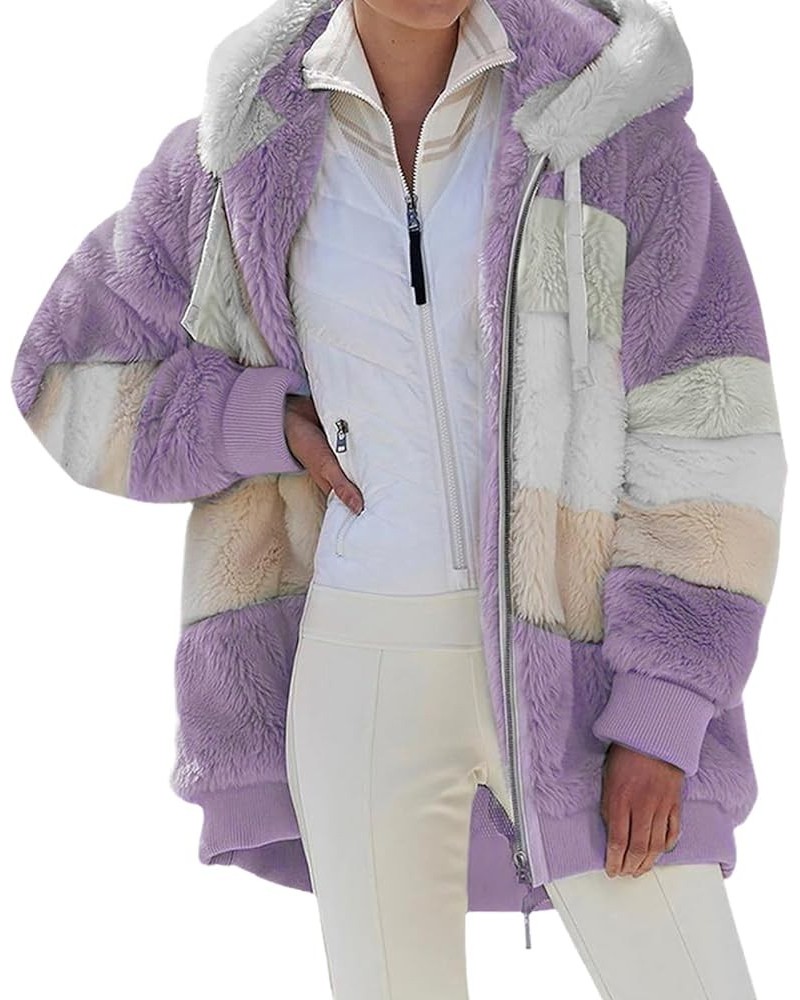 Womens Contrasting Lamb Wool Padded Coat, Winter Windproof Fuzzy Fleece Jacket Hooded Purple $20.57 Jackets