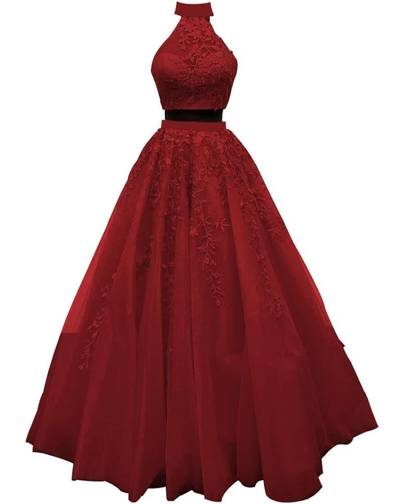 Lace Appliques 2 Piece Prom Dresses for Women Long Tulle Ball Gowns Princess Party Wedding Evening Dress 2024 Dark Red $54.44...