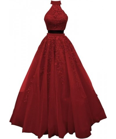 Lace Appliques 2 Piece Prom Dresses for Women Long Tulle Ball Gowns Princess Party Wedding Evening Dress 2024 Dark Red $54.44...