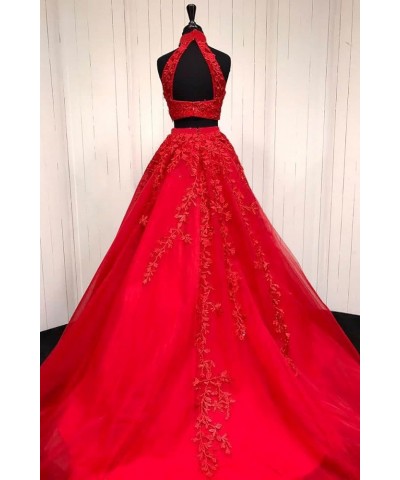 Lace Appliques 2 Piece Prom Dresses for Women Long Tulle Ball Gowns Princess Party Wedding Evening Dress 2024 Dark Red $54.44...