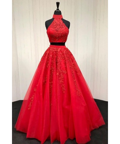 Lace Appliques 2 Piece Prom Dresses for Women Long Tulle Ball Gowns Princess Party Wedding Evening Dress 2024 Dark Red $54.44...