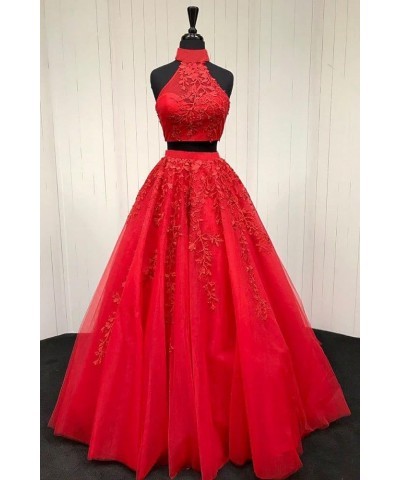 Lace Appliques 2 Piece Prom Dresses for Women Long Tulle Ball Gowns Princess Party Wedding Evening Dress 2024 Dark Red $54.44...