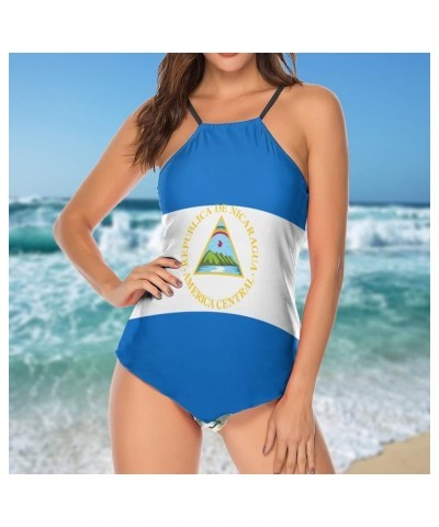 Nicaragua Flag Swimsuit Women's Two-Piece Summer Bikini Swimsuit Sexy Halter Triangle One-Piece Bikini Suit Style-16 $20.35 S...