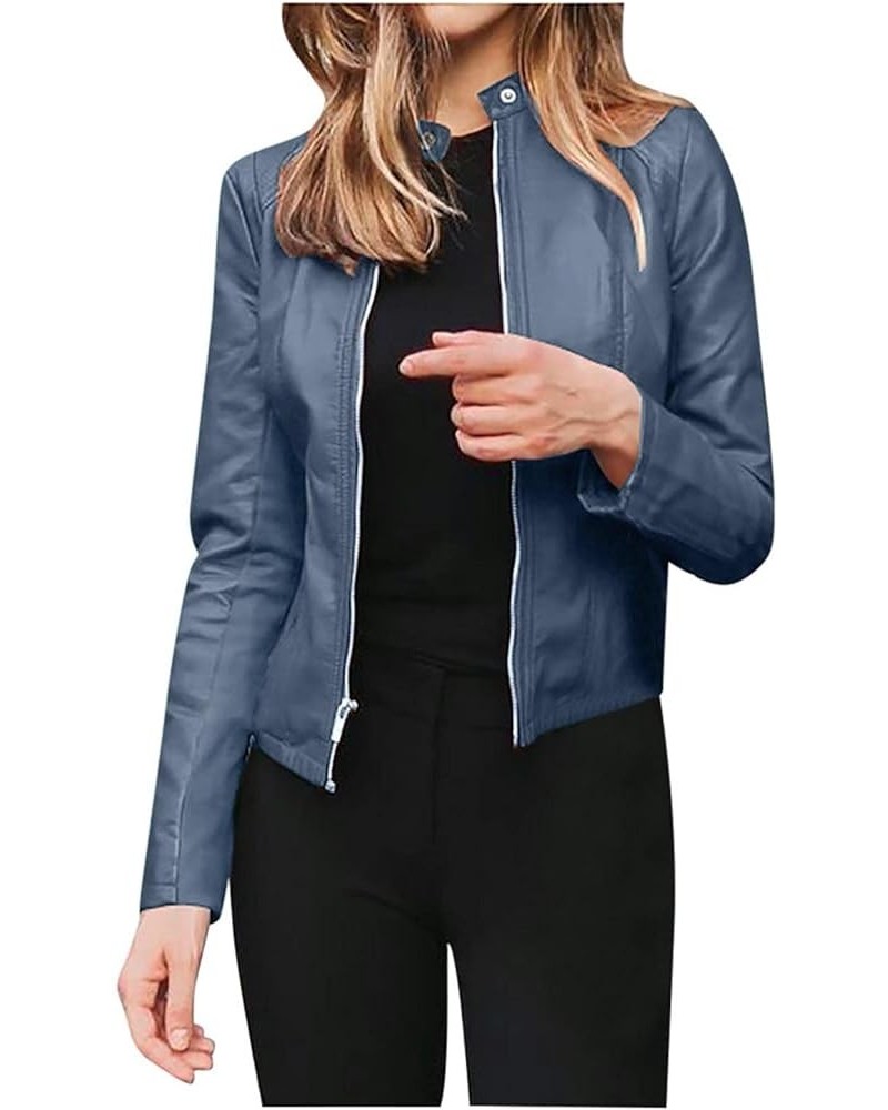 Brown Jacket Women Full Zip Snap Stand Collar Long Sleeve Outwear Cool Slim Jacket Coat for Vacation Daily Biker Blue 4 $17.8...