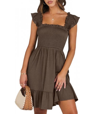 Womens Summer Casual Sleeveless Square Neck Smocked Ruffle Backless Boho Short Mini Dress Coffee $15.64 Dresses