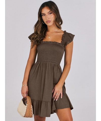 Womens Summer Casual Sleeveless Square Neck Smocked Ruffle Backless Boho Short Mini Dress Coffee $15.64 Dresses