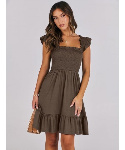 Womens Summer Casual Sleeveless Square Neck Smocked Ruffle Backless Boho Short Mini Dress Coffee $15.64 Dresses