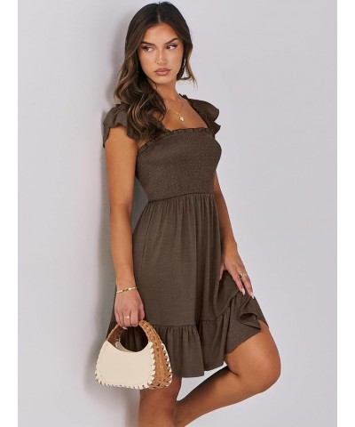 Womens Summer Casual Sleeveless Square Neck Smocked Ruffle Backless Boho Short Mini Dress Coffee $15.64 Dresses