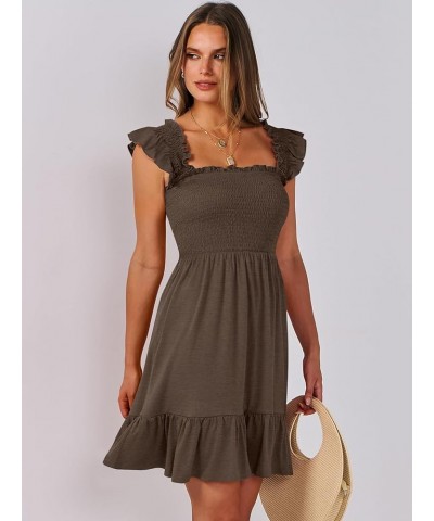 Womens Summer Casual Sleeveless Square Neck Smocked Ruffle Backless Boho Short Mini Dress Coffee $15.64 Dresses