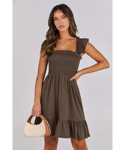 Womens Summer Casual Sleeveless Square Neck Smocked Ruffle Backless Boho Short Mini Dress Coffee $15.64 Dresses