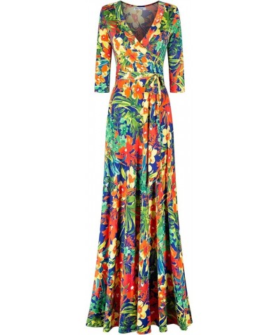 Women's 3/4 Sleeve V-Neck Printed Maxi Faux Wrap Dress Navy Orange $30.04 Dresses