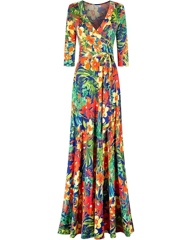 Women's 3/4 Sleeve V-Neck Printed Maxi Faux Wrap Dress Navy Orange $30.04 Dresses