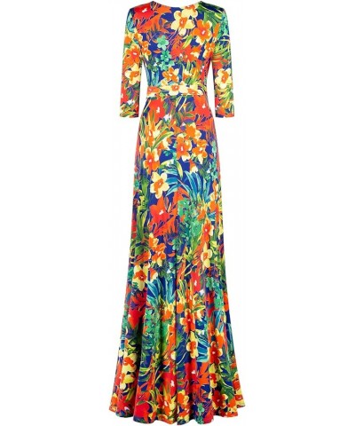 Women's 3/4 Sleeve V-Neck Printed Maxi Faux Wrap Dress Navy Orange $30.04 Dresses