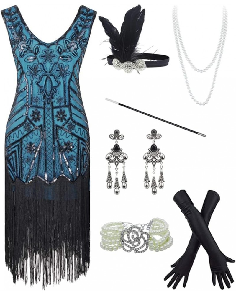 20s Flapper Gatsby Short Sequin Beaded Evening Cocktail Dress with Accessories Set Style02-black&blue $28.00 Sets