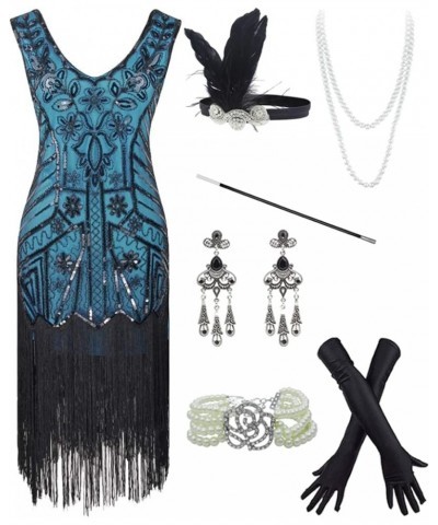 20s Flapper Gatsby Short Sequin Beaded Evening Cocktail Dress with Accessories Set Style02-black&blue $28.00 Sets