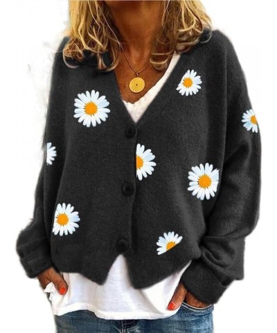 Womens Daisy Flowers Print Button Down Cardigan Sweater Long Sleeve Crewneck Plus Size Black Daisy 02 $20.89 Sweaters