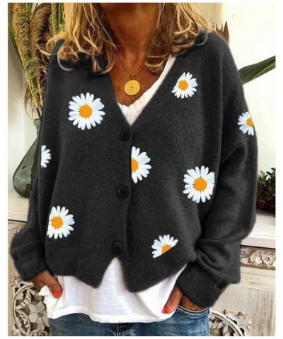 Womens Daisy Flowers Print Button Down Cardigan Sweater Long Sleeve Crewneck Plus Size Black Daisy 02 $20.89 Sweaters