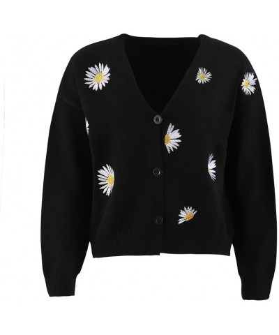 Womens Daisy Flowers Print Button Down Cardigan Sweater Long Sleeve Crewneck Plus Size Black Daisy 02 $20.89 Sweaters