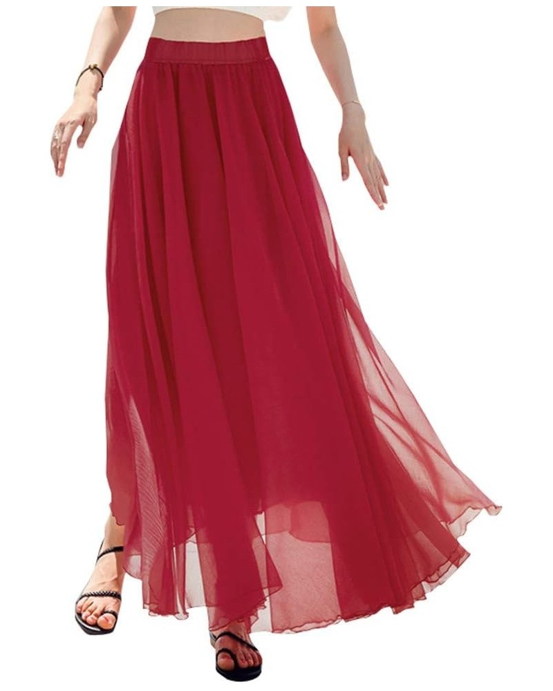 Women's Ankle Chiffon Long Skirt A-line Retro Skirts Pleated Beach Maxi Skirt Red $10.58 Skirts