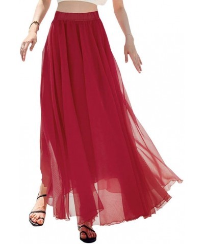 Women's Ankle Chiffon Long Skirt A-line Retro Skirts Pleated Beach Maxi Skirt Red $10.58 Skirts