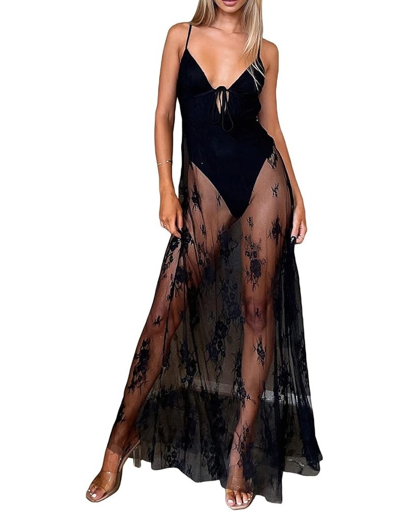 Sexy See Through Mesh Sheer Lace Patchwork Maxi Dress Perspective Ruffle Backless Long Dress Split Beach Party Wear Black 8 $...