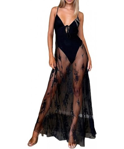 Sexy See Through Mesh Sheer Lace Patchwork Maxi Dress Perspective Ruffle Backless Long Dress Split Beach Party Wear Black 8 $...